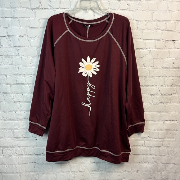 BloomChic Burgundy Happy Graphic Lightweight Sweatshirt Plus Size 3X - Picture 2 of 7